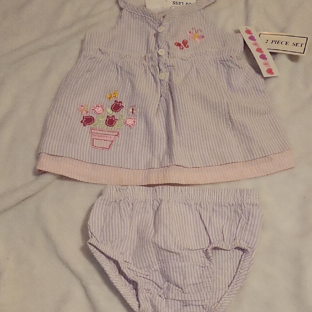 Source Unknown Lavender & Pink Striped 2-Piece Baby Set with Floral Embroidery